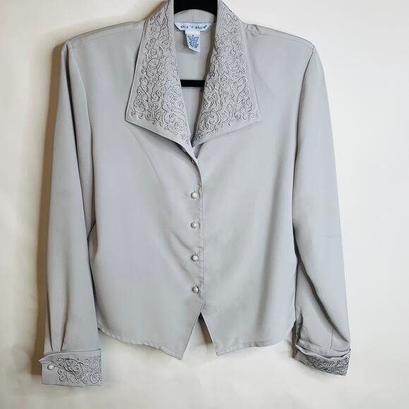 Vintage Gray Blouse Embroidered Beaded Open Collar Sz 8 - Picture 1 of 7